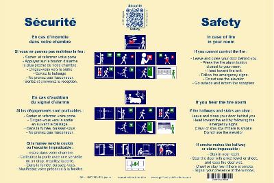 Panneau de consignes de sécurité incendie pour chambre d’hôtel – Français / Anglais avec QR code en 35 langues